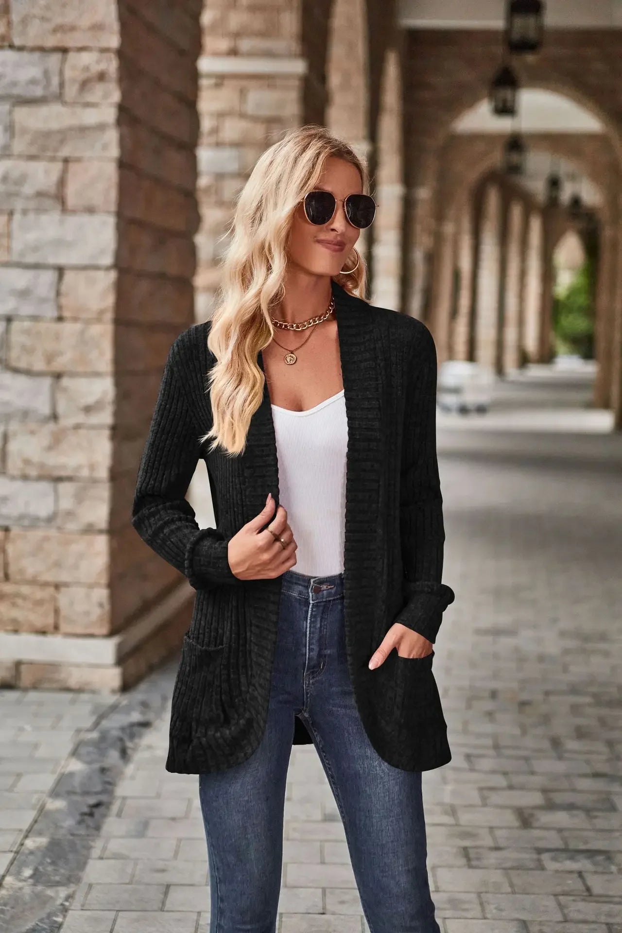 Women'S Spring And Autumn Solid Color Sweater Cardigan Fashion Pocket Cardigan Top Jacket Comfortable Soft Sweater Tienda Traf - reetell