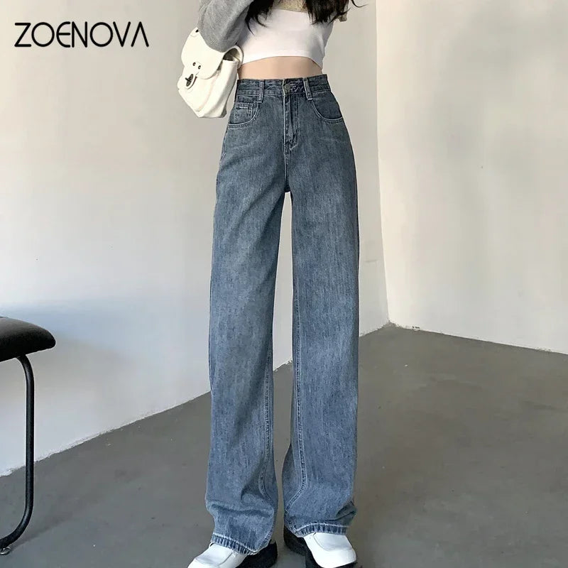 ZOENOVA High Waisted Jeans Y2K Fashion Women Clothing Blue Black Straight Leg Denim Pants Trousers Mom Jean Baggy Trousers Tall - reetell