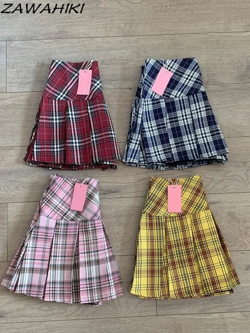 Pink Women's Plaid Patchwork Skirts Preppy Sweet Temperament Skirt Pleated High Waist Mujer Faldas Casual Office Lady Falda - reetell