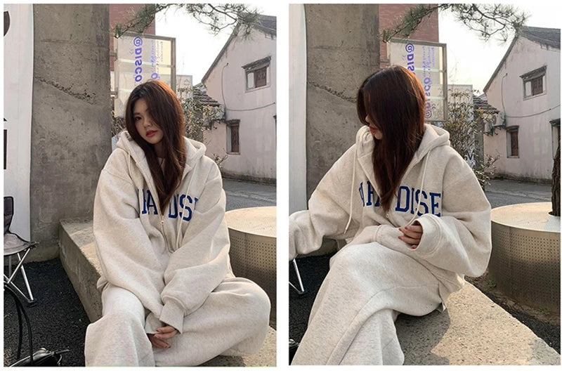 MEXZT Streetwear Zip Up Hoodies Women Oversized Letter Print Sweatshirt Harajuku Korean Plus Fleece Thick Casual All Match Tops - reetell