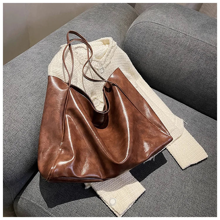 Women Tote Bag Fashion Underarm Pouch Large Capacity Soft Pu Leather Shoulder Bag Retro Crossbody Bag Casual Portable Bucket Bag