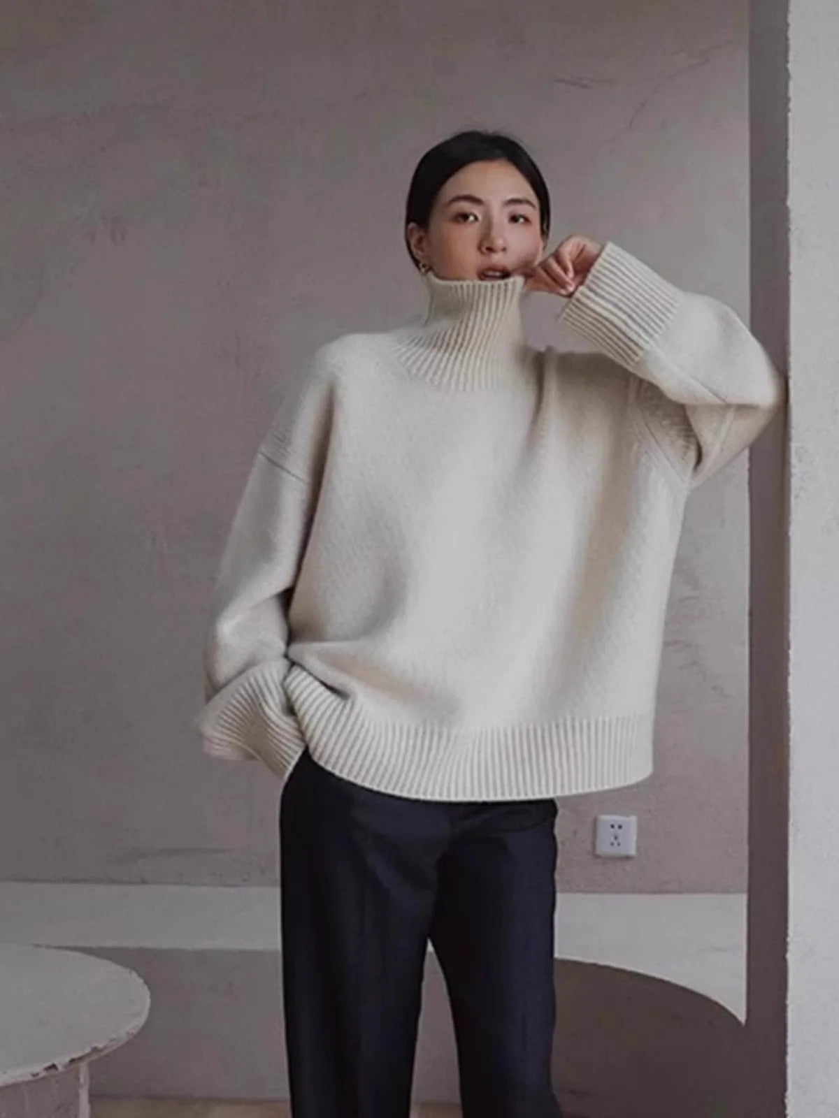 High-end soft waxy turtleneck 100% pure cashmere sweater women's lazy loose silhouette thickened sweater base wool sweater - reetell