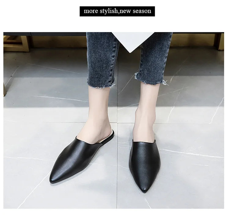 Women Spring Summer Slippers Mules Soft Leather Pointed Toe Slip On Sandalias Soild Mature Fashion Casual Low-heeled Shoes Mujer