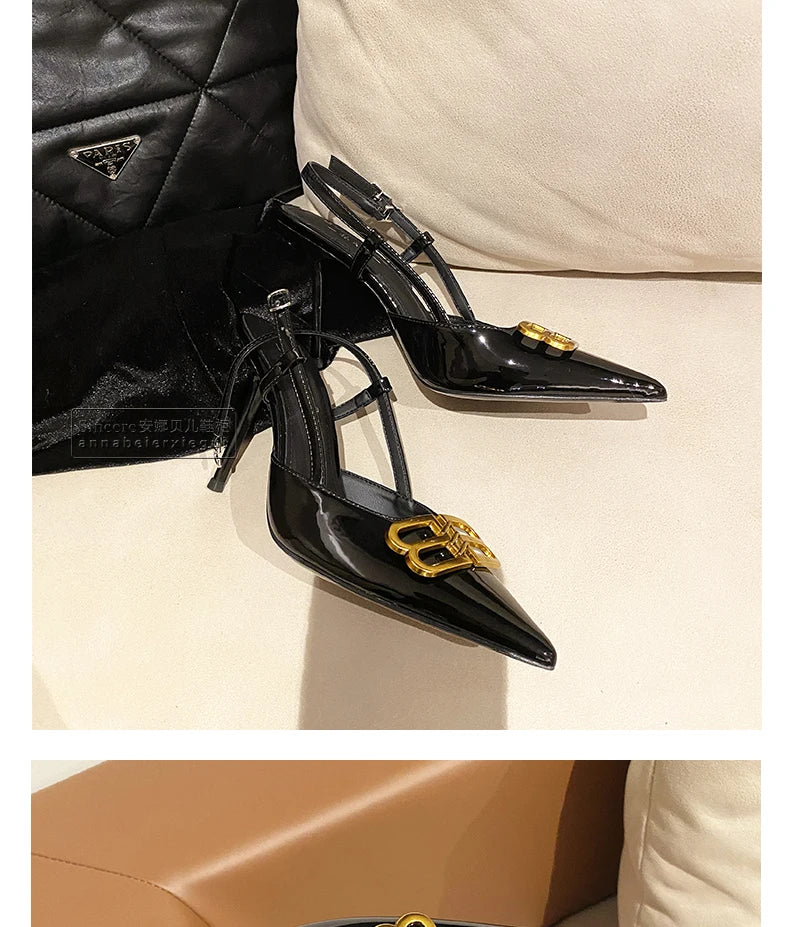 2024 New Pointed Black High Heels, Women's Thin Heels, Water Diamonds, One Line with Baotou Sandals and Button Single Shoes - reetell