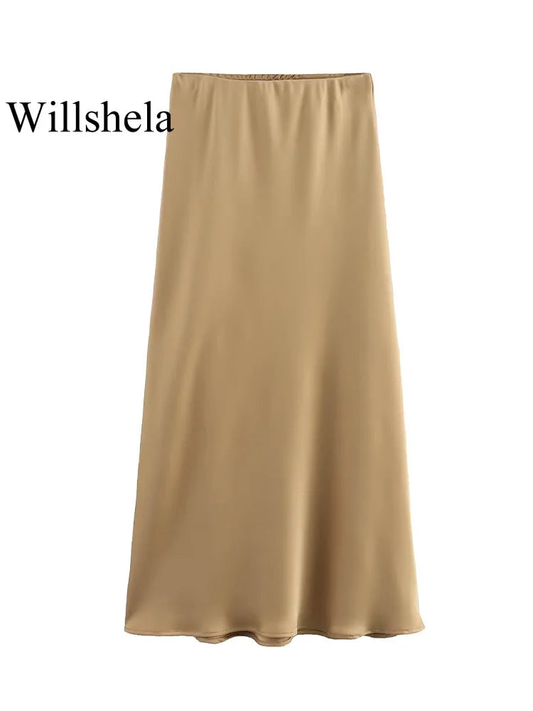 Willshela Women Fashion Satin Solid Pleated Midi Skirt Vintage Mid Elastic Waist Female Chic Lady Skirts - reetell