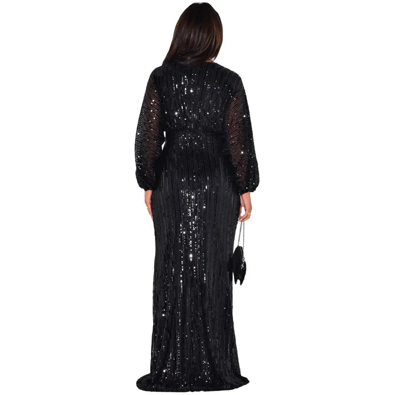 Women Sequins Splice Dress V Neck Full Sleeve A Line Evening Dresses Party Solid High Waist Long Skirts Office Lady Prom - reetell