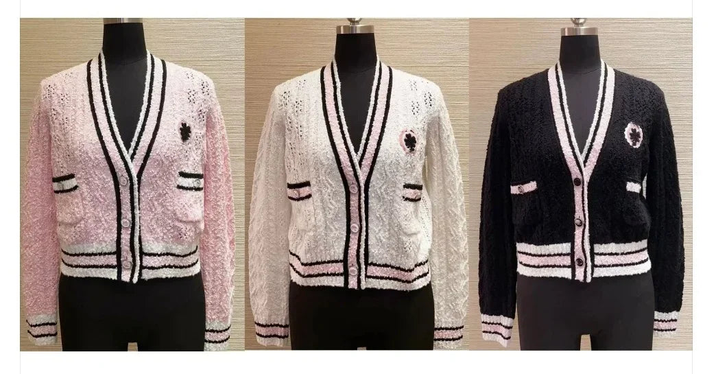 2024 Spring/Summer New Badge Sequin Clover Contrast Stripe Embroidered V-neck Loose Long sleeved Cardigan Knitted woman Sweater - reetell