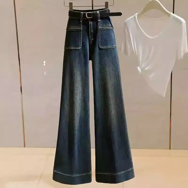 Solid Pockets Cotton High Waist Wide Leg Pants Elegant Fashion Harajuku Slim Fit Jeans Casual Sweat All Match Straight Pants - reetell