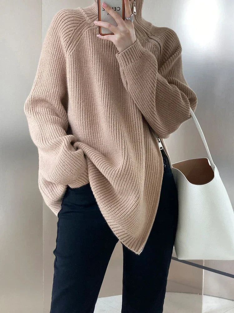 2023 Winter Women's Turtleneck Zipper Oversize Fashion Sweaters Autumn New Knitwears Loose Thick Warm High Neck Solid Pullovers - reetell