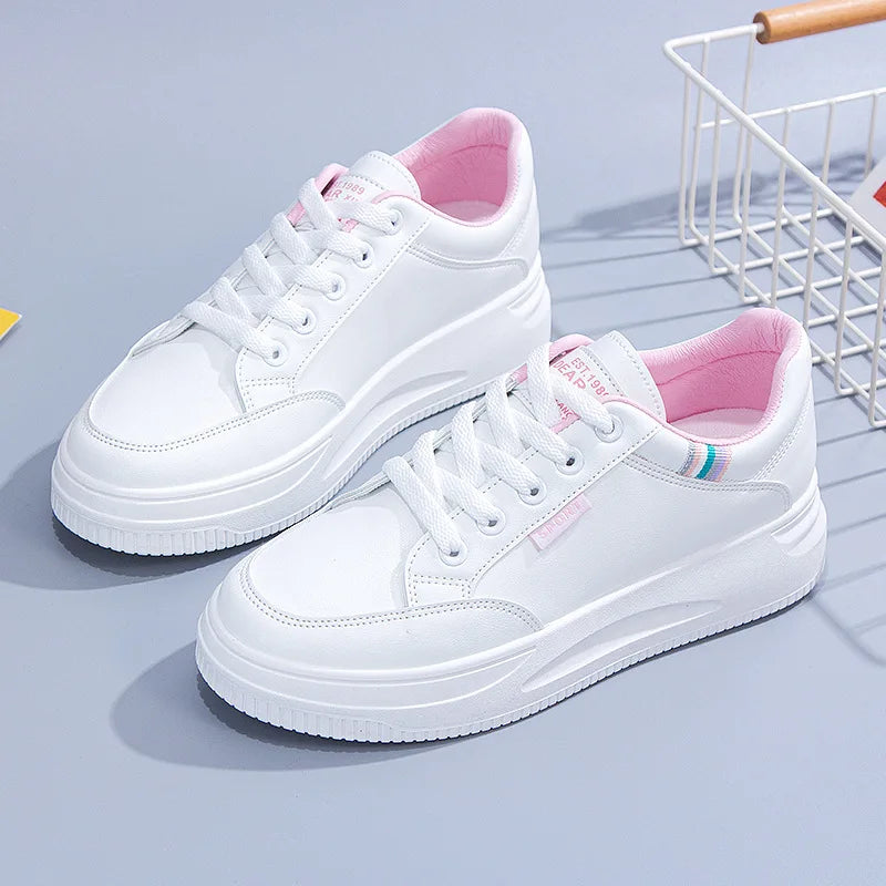 Women White Sneakers Autumn Lace Up Thick Bottom Casual Flats Anti-slip Outdoor Walking Sports Board Shoes Sapatos Femininos