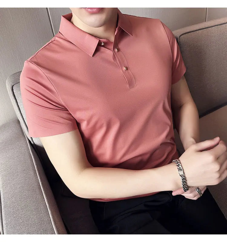 Ice Silk Traceless T-shirt Men's  Business Casual Solid Color Half Sleeve High Elasticity Top Silk Smooth Breathable POLO Shirt