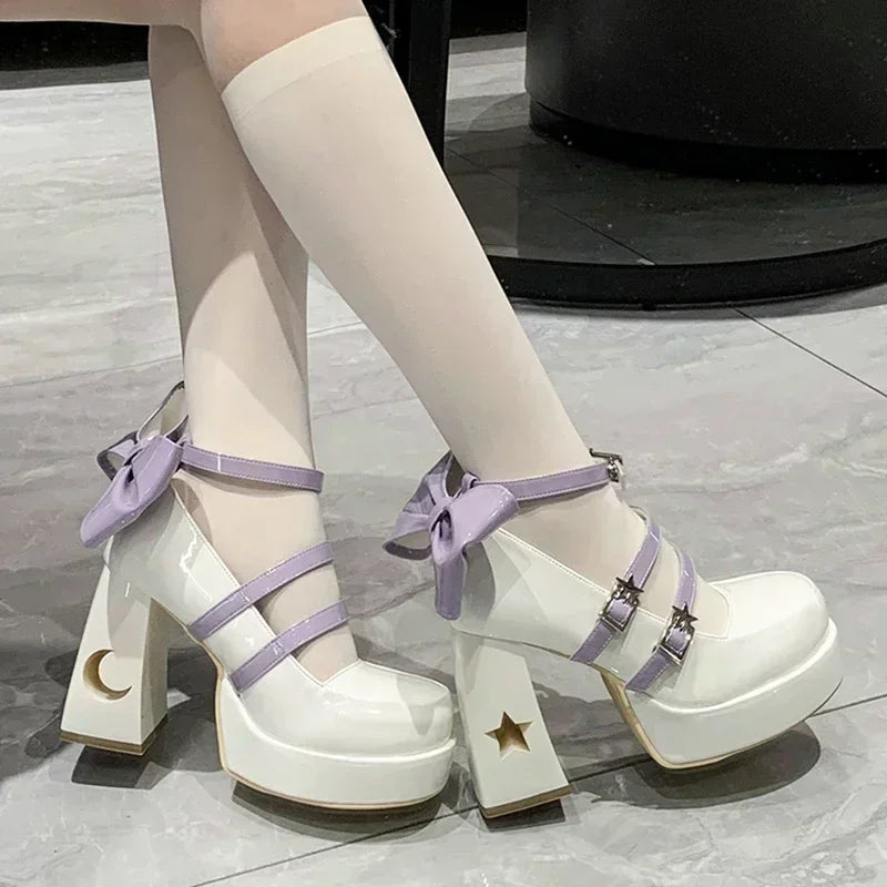 Spring Punk  Chunky Platform High Heels Pumps Women Thick Heel Mary Jane Lolita Shoes Woman Patent Leather Cosplay Shoes