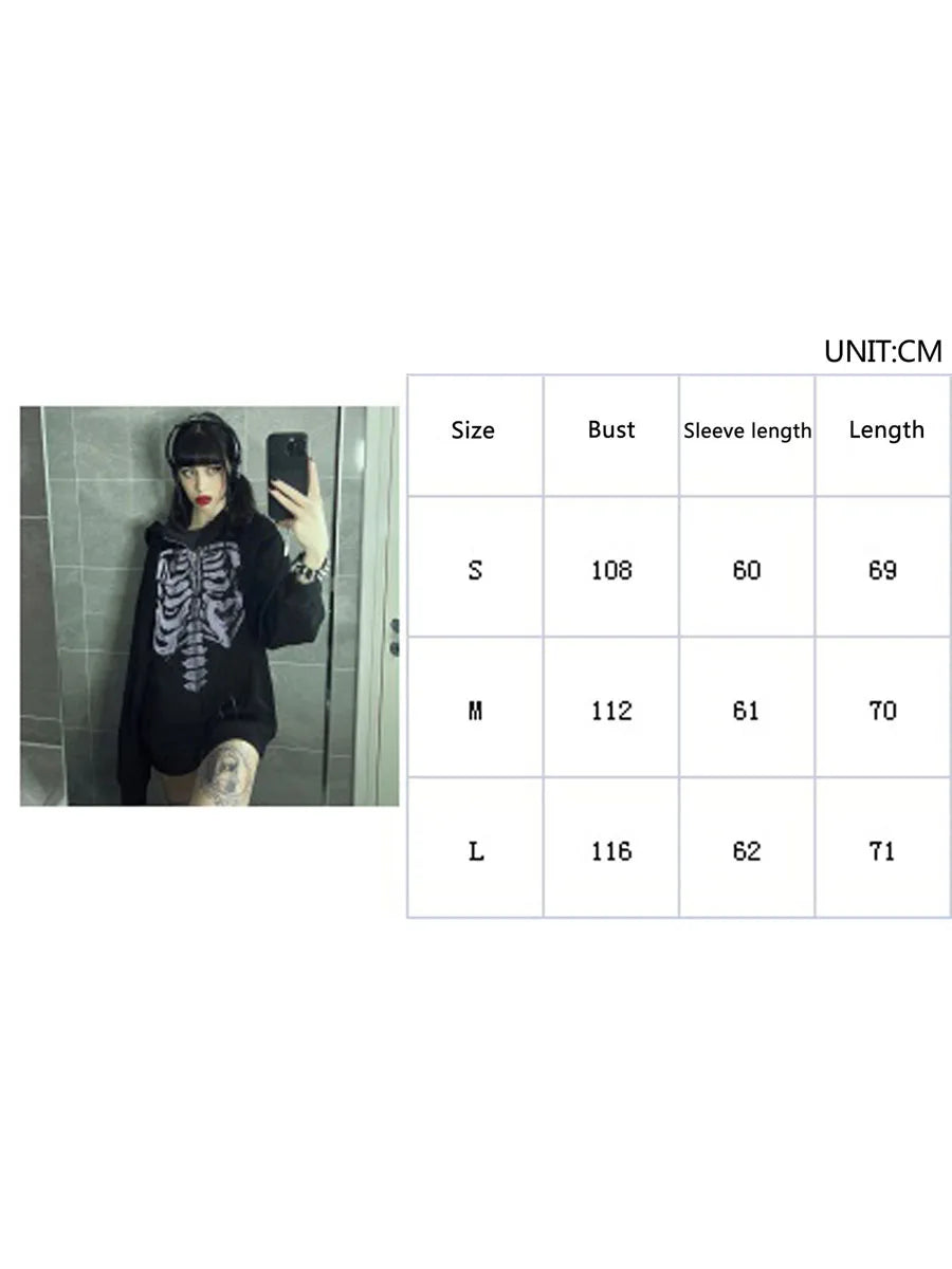 Halloween Women Spring Autumn Casual Hooded Coat Long Sleeve Skull Print Zipper Hoodie Grunge Long Sleeve Top Gothic Sweatshirt - reetell