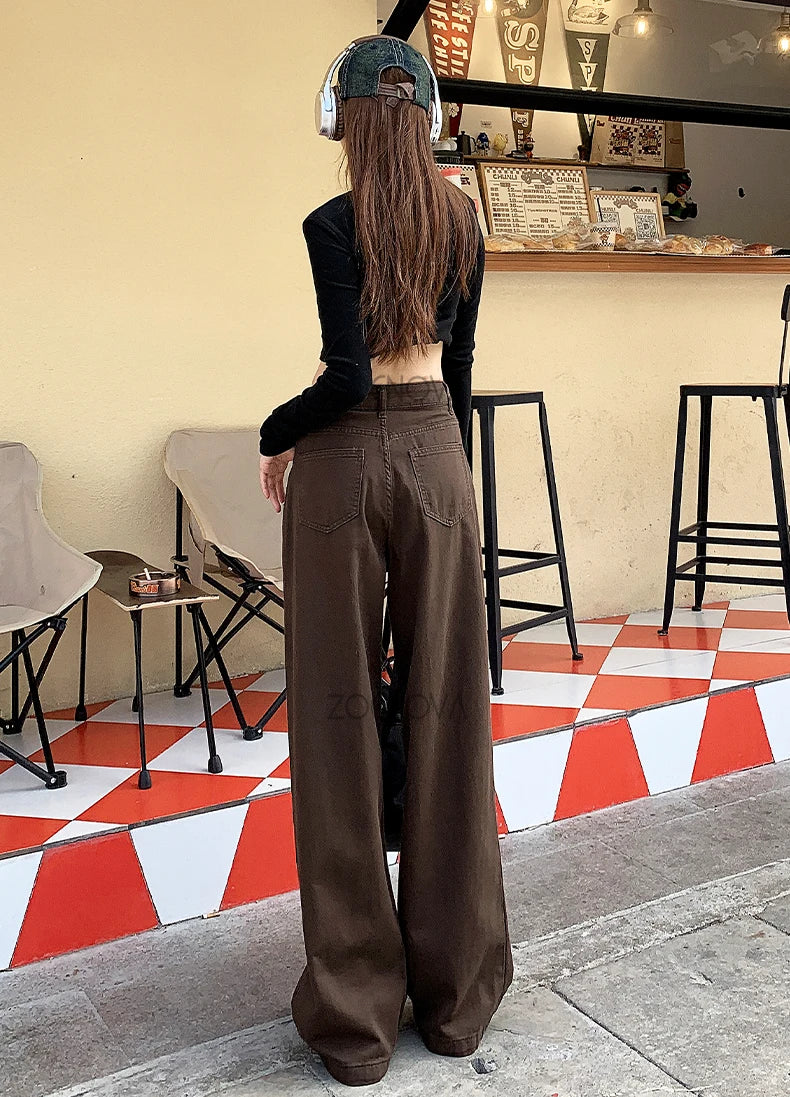 ZOENOVA Spring Autumn Korean New Fashion Dark Brown Women's Jeans Street Casual Wide Leg Pants Loose Straight Versatile Trousers - reetell