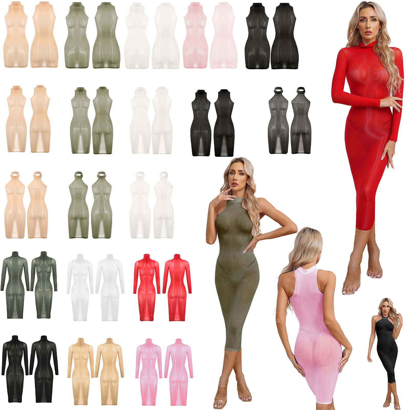 Womens See Though Skinny Dress Lingerie High Stretchy Glossy Bodycon Dress Long Sleeve Sleeveless Dating Club Rave Party Clothes - reetell