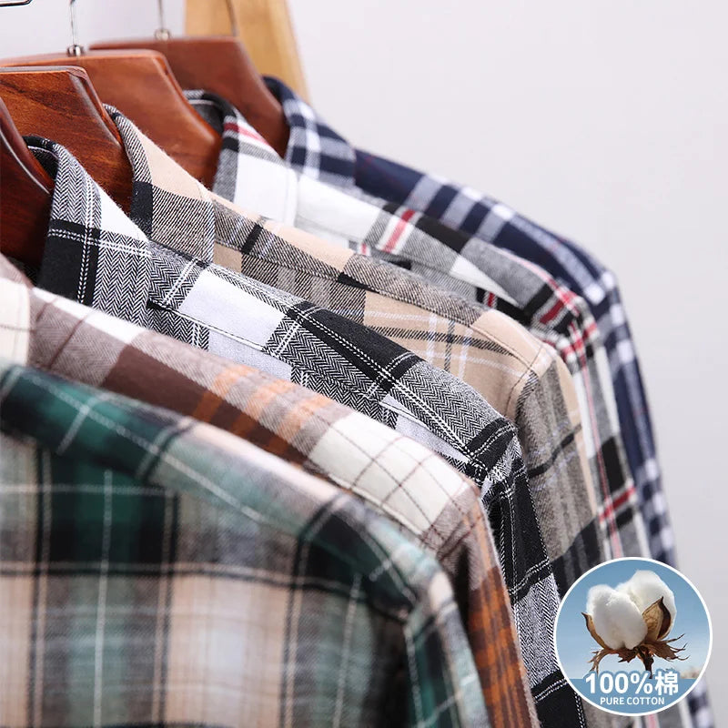 Men Fashion Long Sleeve Brushed Flannel Shirt Single Pocket Comfortable 100% Cotton Casual Slim Fit Button-down Plaid Shirts 8XL - reetell