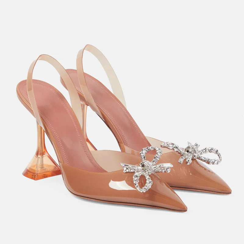 Fashion Transparent Soft PVC Women Pumps Luxury Rhinestones Bowknot Slingbacks High heels Spring Summer Wedding Party Shoes