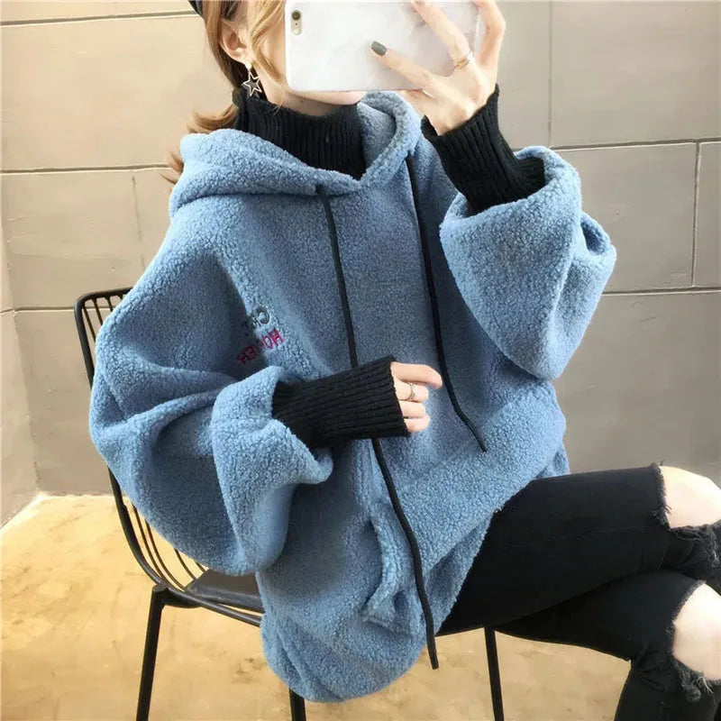 Faux Lamb Sweatshirt Women Loose Fake Two Piece Fashion Hoodies Fluffy Big Pocket Letter Long Sleeve Winter Female Tops - reetell