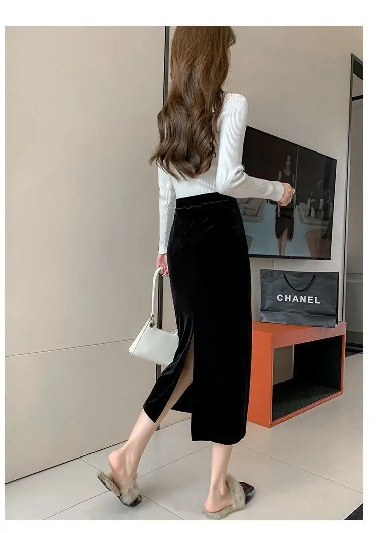 Elegant Velvet Black Long Skirts Women Autumn Winter High Waist Faldas Korean Fahion Clothing Office Ladies Bodycon Midi Skirt - reetell