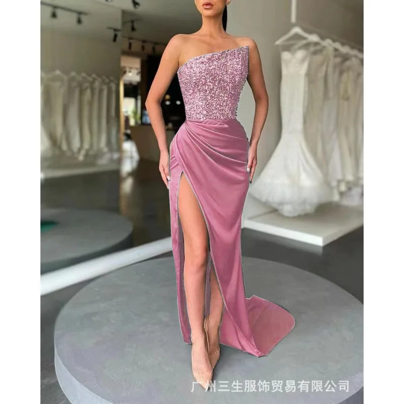 2024 Spring Summer New Green Sequined Fairy Long Sleeveless Fashion Dress Mid Evening Dress Strapless Sexy Formal - reetell