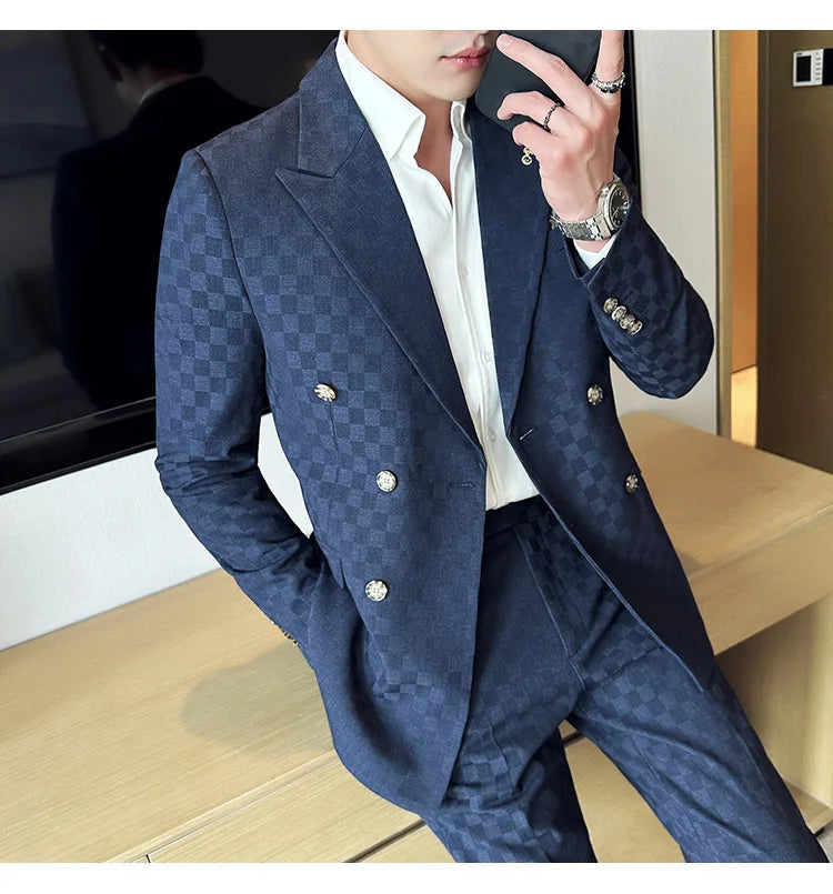 (Jacket+Pants) 2 Pieces Blue Apricot Business Party Men Suits Double Breasted Formal Style Custom Made Wedding Groom Tuxedos - reetell