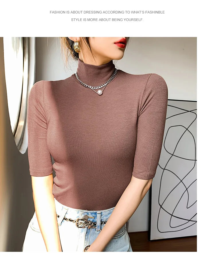 Basic Cotton T Shirt Women Turtleneck Slim Tshirt Short Sleeve T-shirts Female Casual Elasticity White Tee Shirt Femme Woman Top - reetell