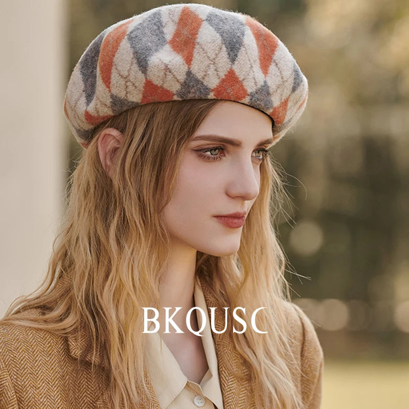 Beret Women Wool Classic Prismatic Check Cashmere Berets French Elegant Pure Wool Vintage Beret Woman Luxury Hats Winter Caps