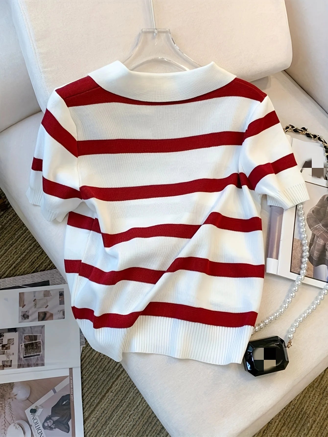 2024 New Striped Pattern Collared Sweater Versatile Short Sleeve Knitted Top For Spring & Summer Women's Clothing Crop Top - reetell