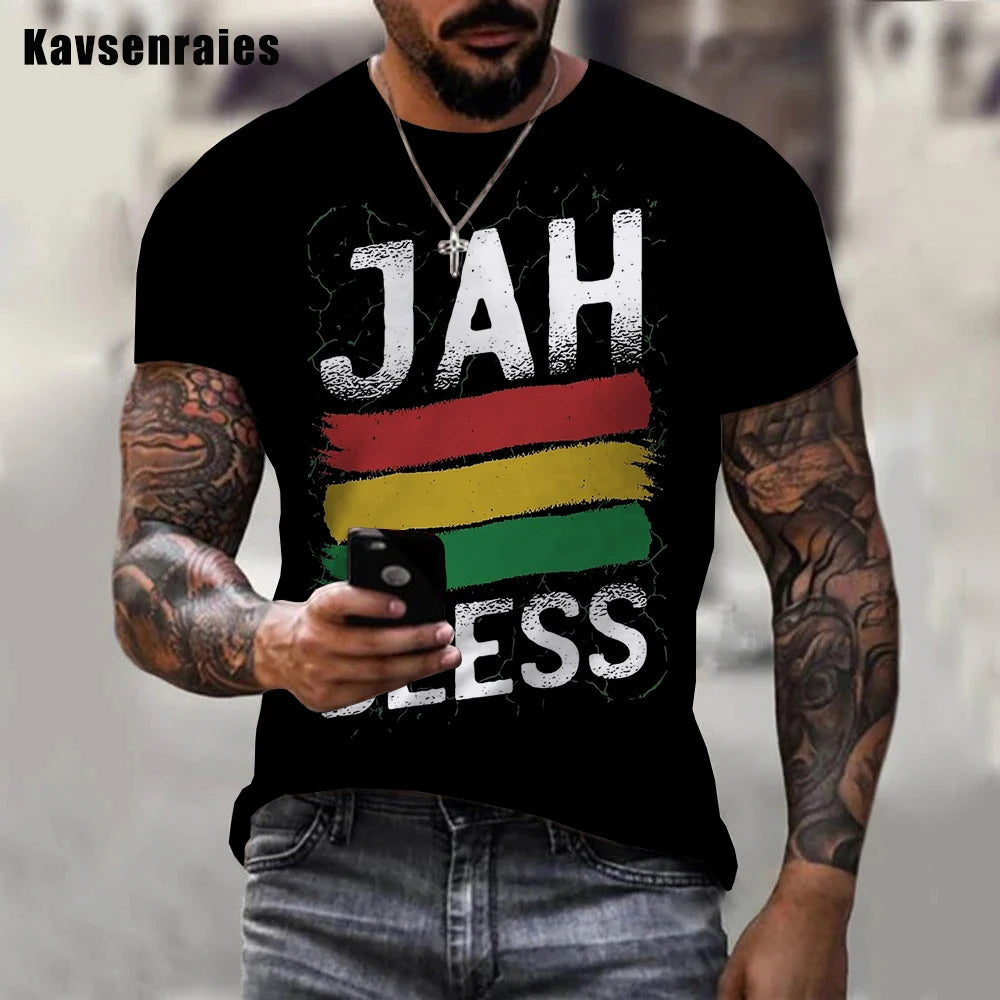 Personality  Jah Bless Printed 3D Men T-Shirt Boys Unisex Casual Fashion Reggae Round Neck Short Sleeve T-shirt 5XL - reetell