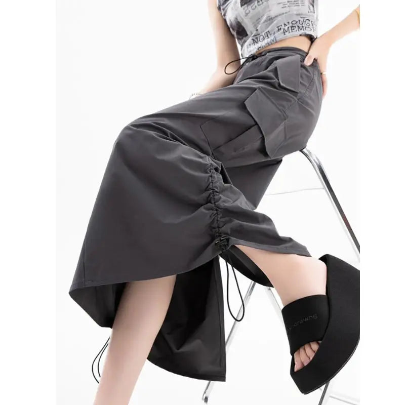 American Retro Cargo Skirt for Women Summer Slit Design Drawstring High Waist Mid-length Skirt Y2k Streetwear Fashion Clothing - reetell