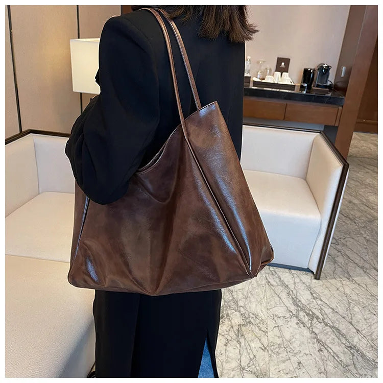 Women Tote Bag Fashion Underarm Pouch Large Capacity Soft Pu Leather Shoulder Bag Retro Crossbody Bag Casual Portable Bucket Bag