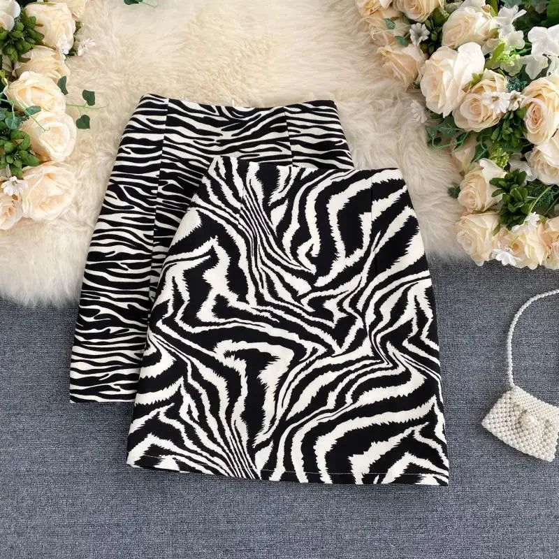 Korean Zebra Print Midi Skirt Women Autumn New Female A-line High Waist Loose Skirts Vintage Mini Skirt - reetell