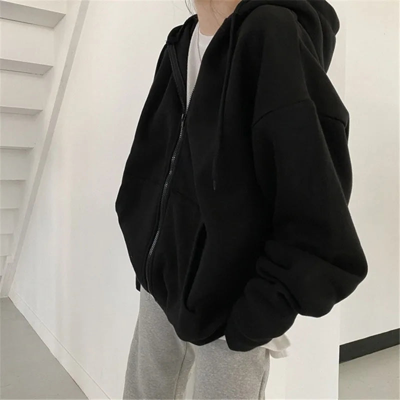 Lucyever Gray Zip Up Hoodie Coat Women Streetwear Harajuku Oversized Hood Jacket Female Autumn Retro Solid Color Sweatshirts - reetell