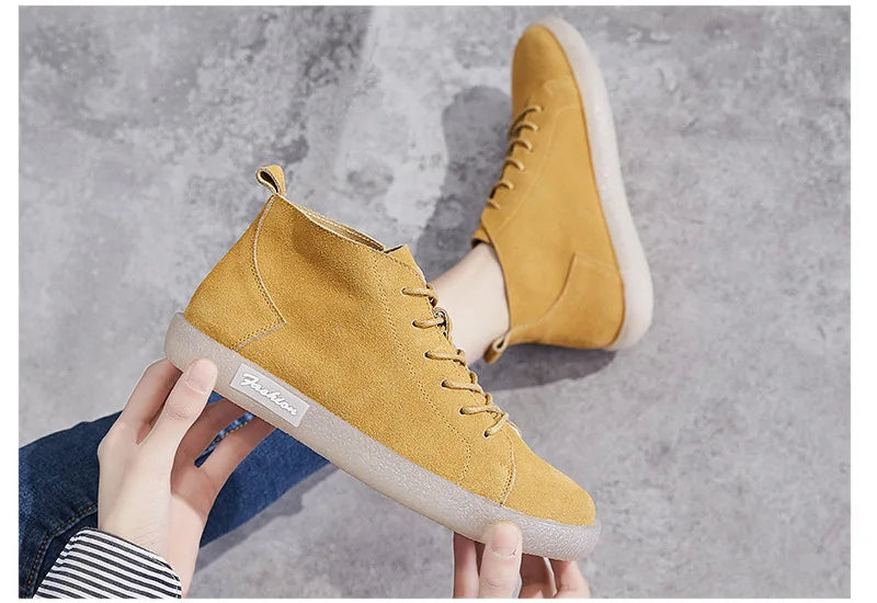 Soft Sole Single Shoes Spring and Autumn Flat Sole Women's Shoes Retro Single Layer High Top Frosted Leather  Ankle Boots Women