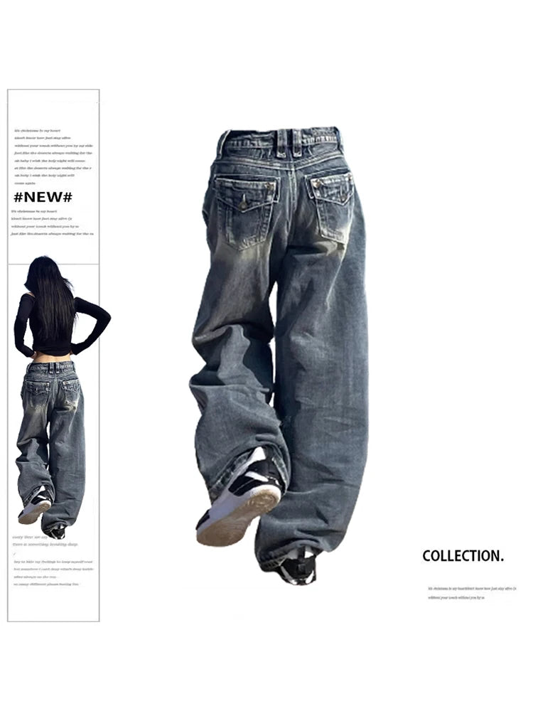 Women's Vintage Baggy Blue Jeans High Waist Denim Trousers Korean 2000s Y2k Harajuku 90s Aesthetic Oversize Pants Trashy Clothes - reetell