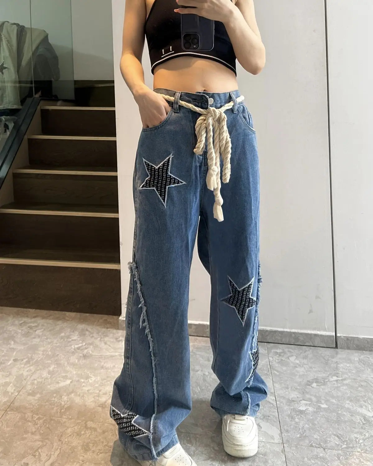 Star American Street Jeans Women's Large Retro Trendy Brand High Street Straight Pants - reetell