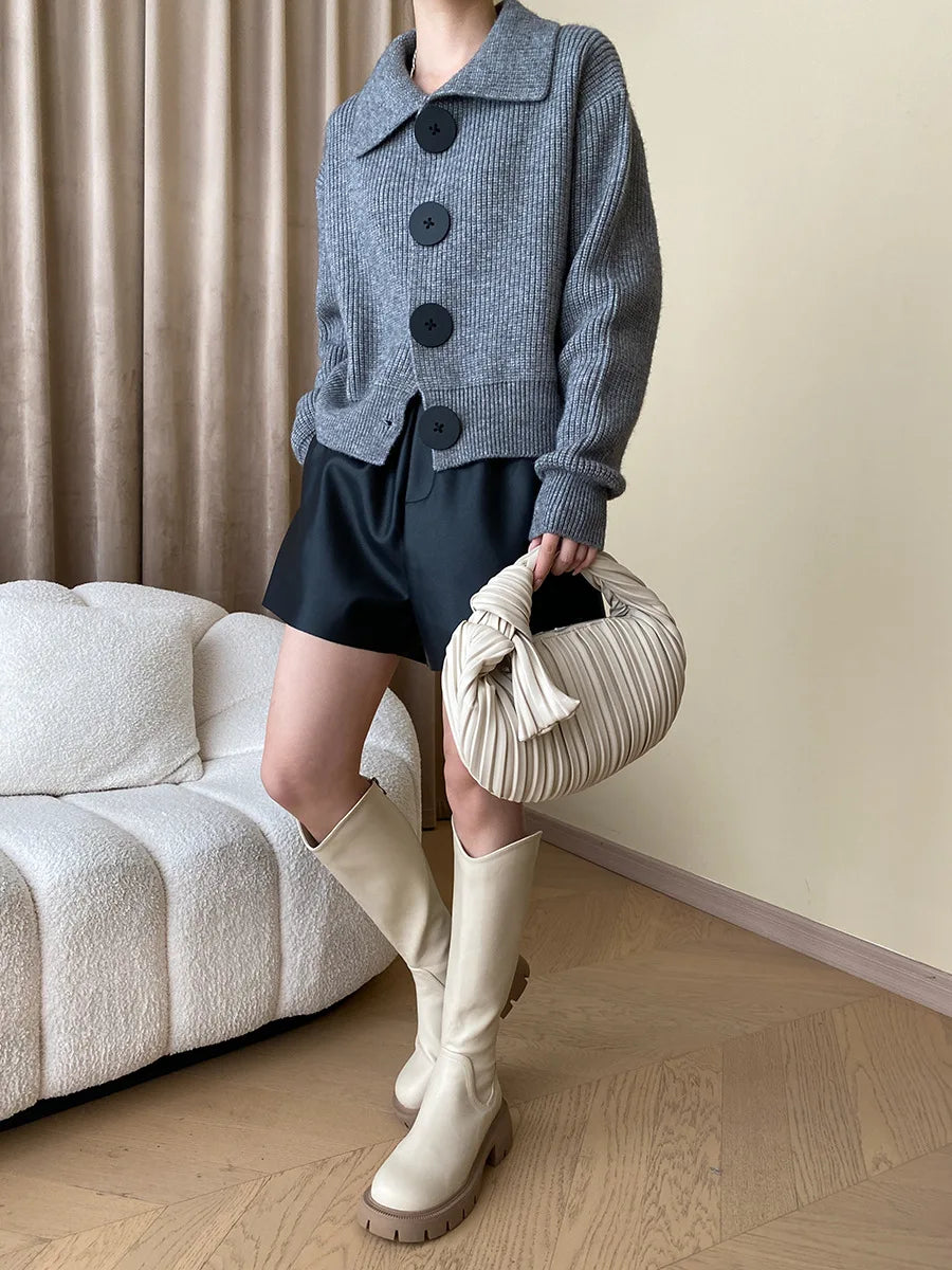 Fashion Big Button Cardigan for Women Loose Thickening Turn-down Collar Knit Sweater Autumn and Winter 2024 Grey Cardigan Coat - reetell