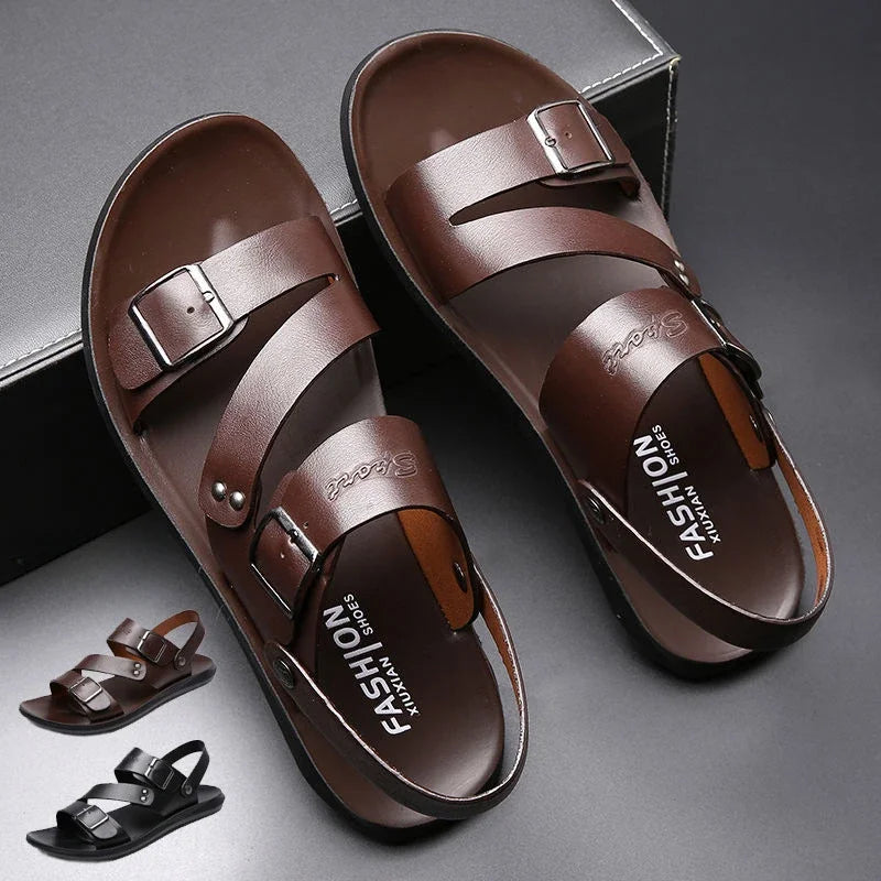 Simple Men's Sandals Solid Color PU Leather Men's Summer Shoes Casual Comfortable Open Toe Sandals Soft Beach Shoes Men's Sandal