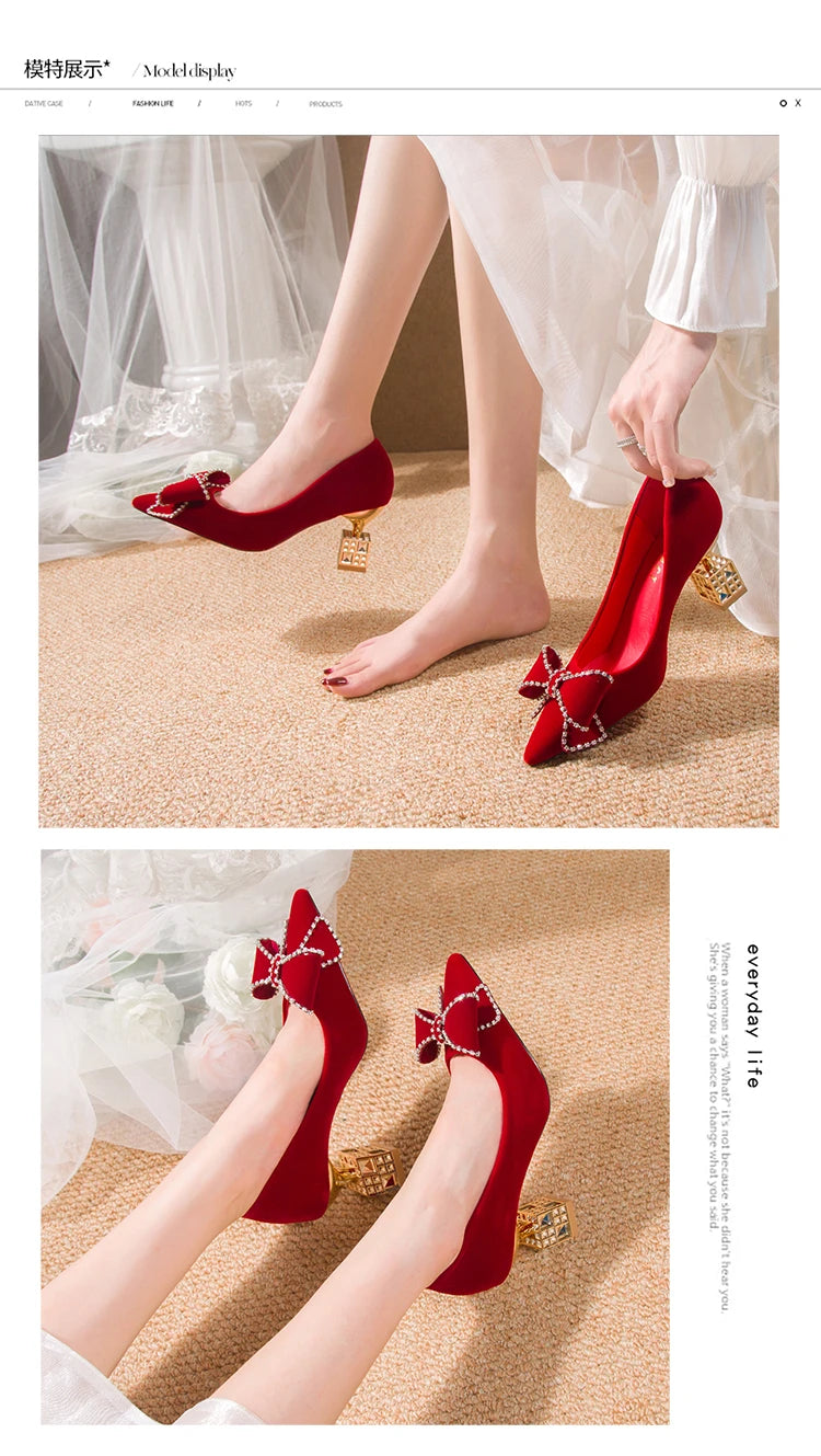 Autumn New Ladies High Heels Pointed Toe Shaped Heel High 5cm and 7cm Wedding Shoes Square Buckle Travel Banquet Shoe High Heels