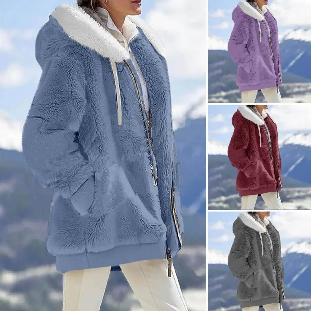 2023 New Women's Winter Coat Solid Color Warm Plush Large Size Ladies Coat Fall Winter Loose Plush Zipper Hooded Women's Coat - reetell