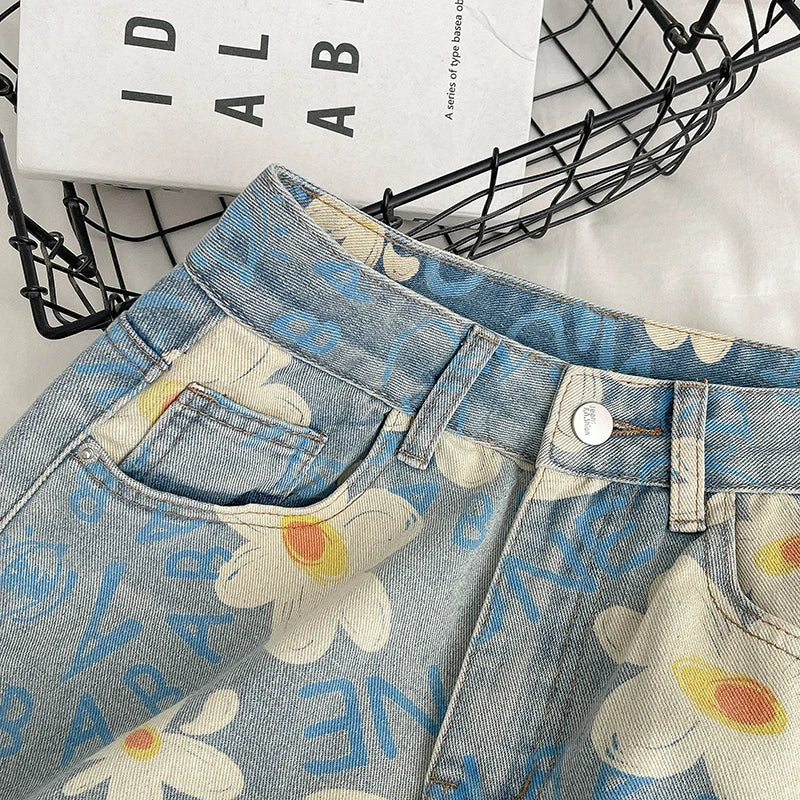 Y2K Baggy Flowers Printting 2000s Denim Trouser Women's Washed Vintage Casual Pants Female High Street Retro High Waist Jeans - reetell