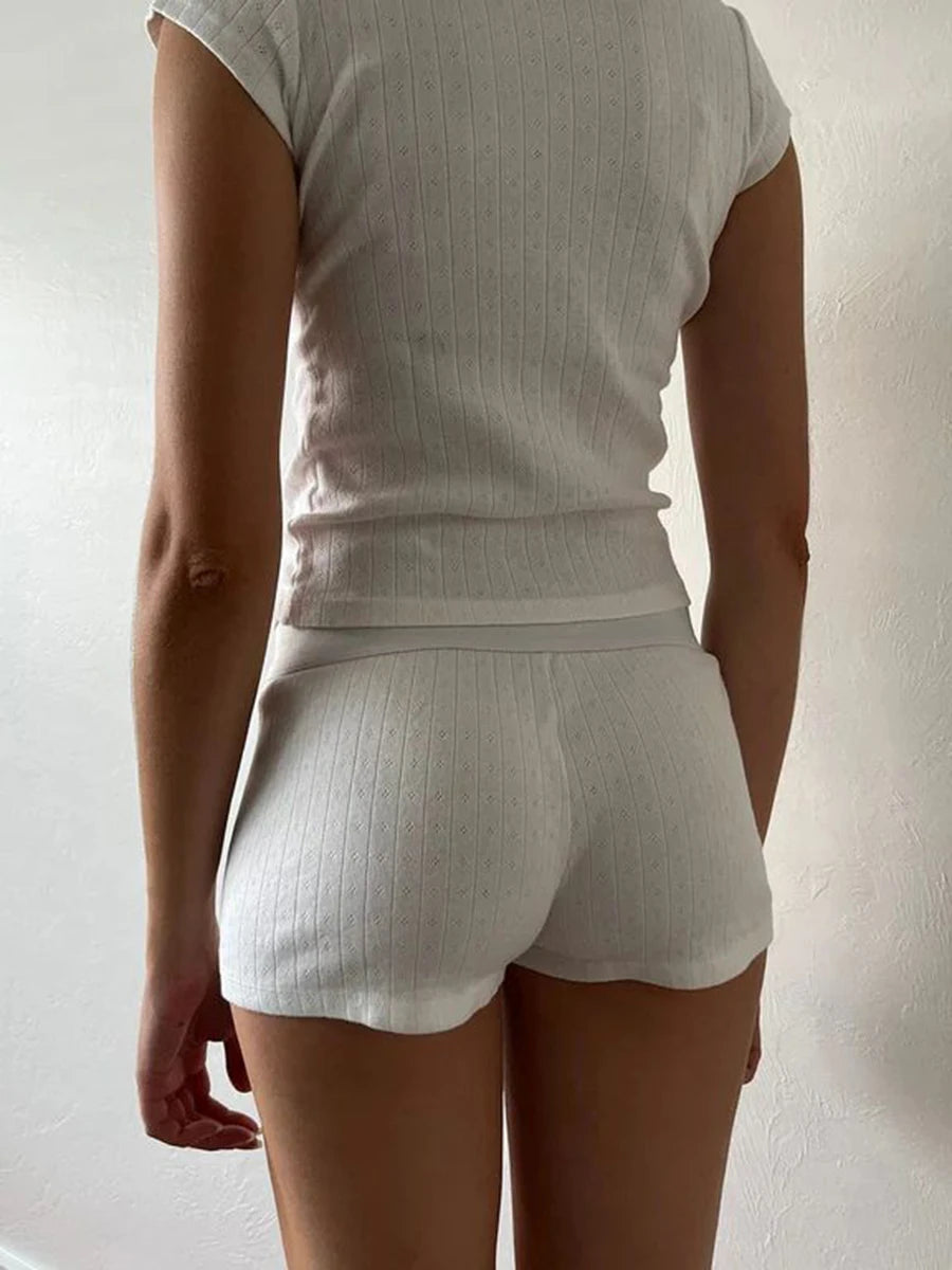 Eyelet Cotton Solid Home Boy Shorts Summer Three Buttons Patchwork Elastic Waist Straight Short Pant Sweet Cute Woman Underwear - reetell