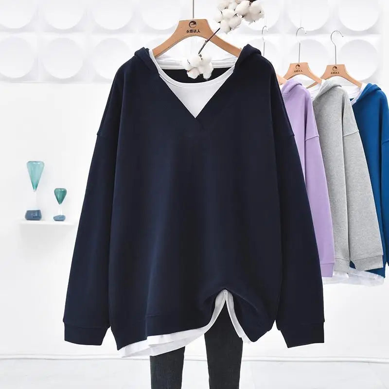 Spring Autumn Oversized Casual Solid Color Hoodies Femme Simplicity Patchwork Loose All-match Top Tee Women Clothes Sweatshirts - reetell