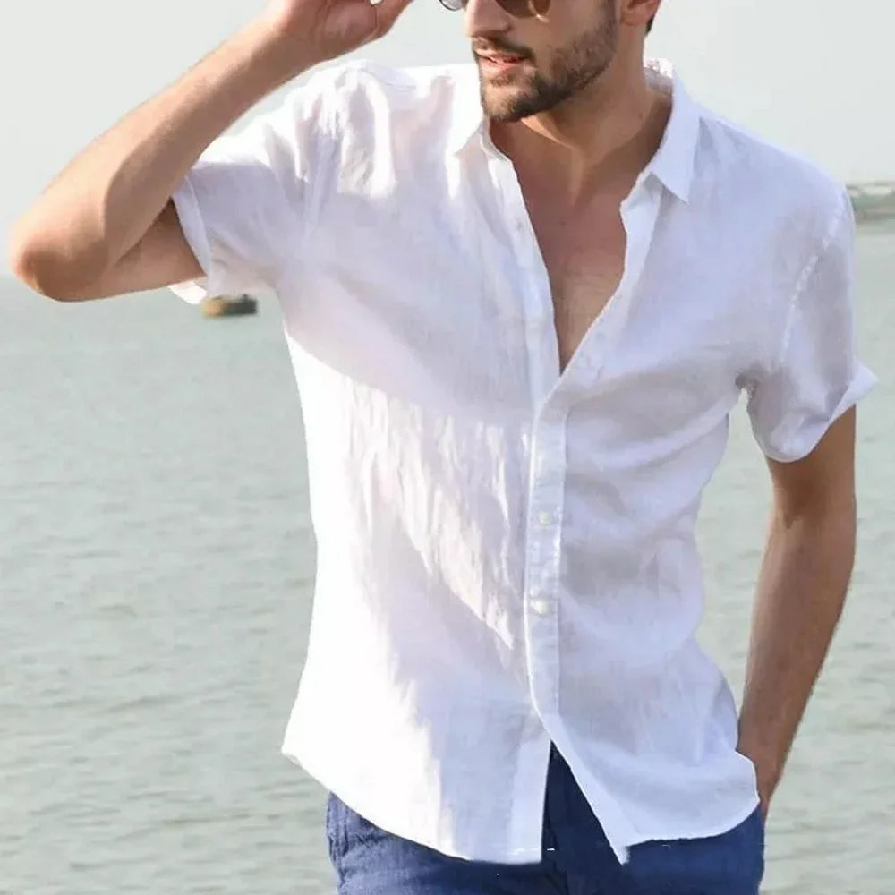 Men's summer breathable thin trendy short-sleeved cardigan casual lapel solid color shirt suitable for outdoor activities