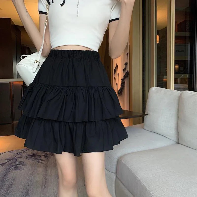 Sweet Cake A-line Skirt Black Women Cute Pleated Puffy Skirt Elastic Waist Preppy Style Solid Color Casual Korean Fashion Casual - reetell