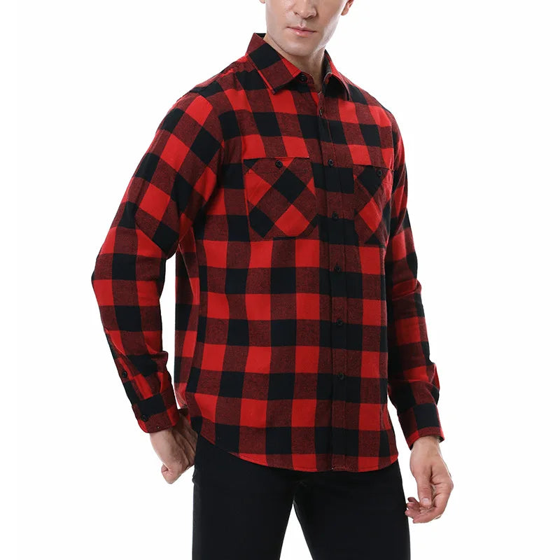 2023New Men Casual Plaid Flannel Shirt Long-Sleeved Chest Two Pocket Design Fashion Printed-Button