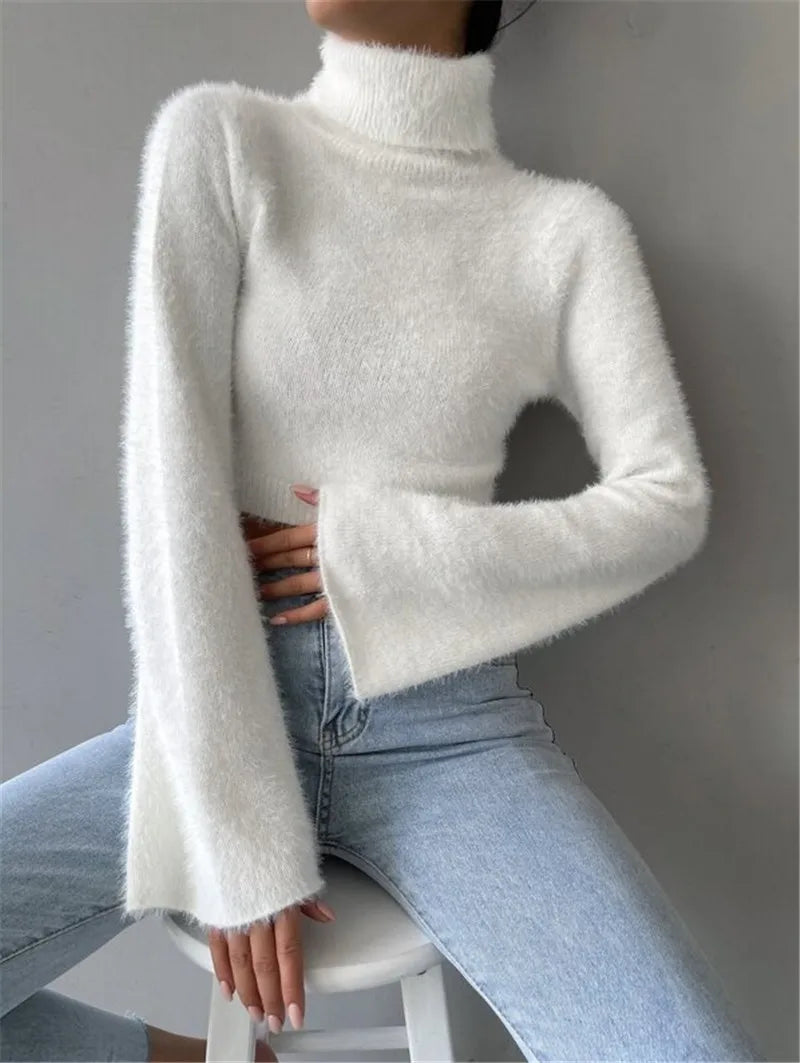 Autumn and winter Europe and the United States cross-border new Amazon turtleneck short belly button fleece sweater - reetell