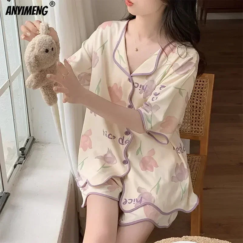 Korean Pajamas Set for Women Summer Loungewear Sleepwear Girls Sweet Lapel Pyjama Kawaii Bear Printed Pijamas Japanese Home Suit