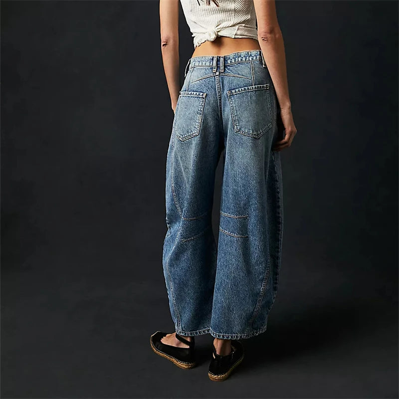 Midiross High Stretch Mid-Rise Barrel Jeans Fashion wide Leg Shape Women Casual Baggy Mid Waist Denim Jeans - reetell