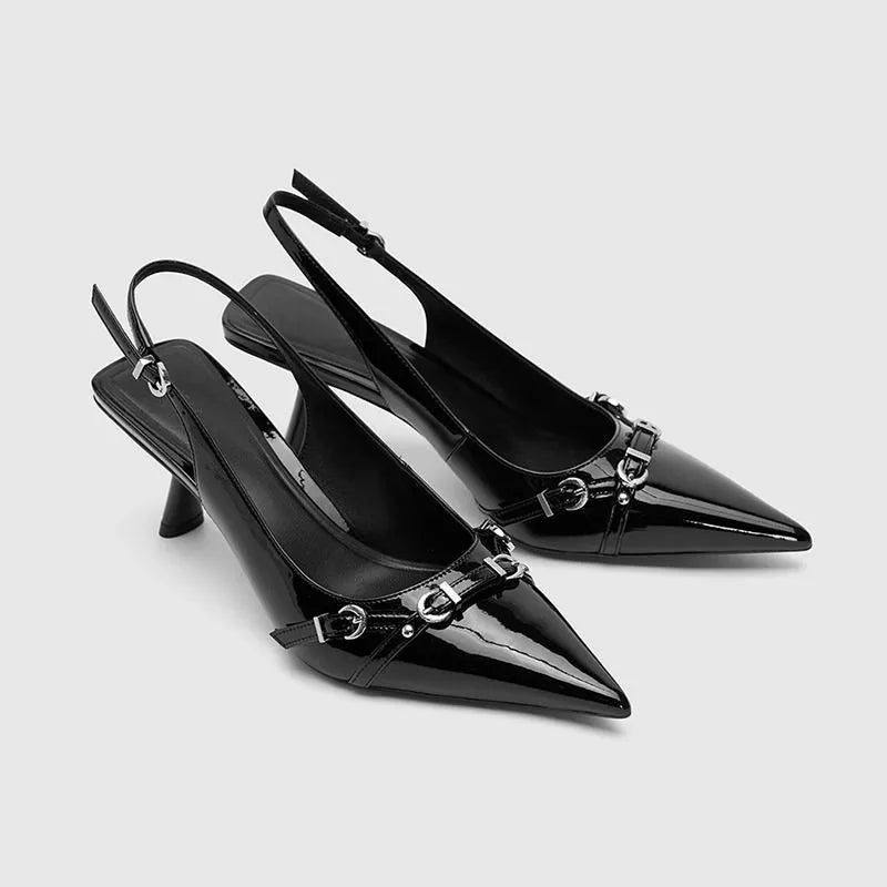 Luxury Brand Designer Women Sandals Fashion Pointed Toe Buckle Strap Metal High Heeled Kitten Heel Elegant Single Shoes Female